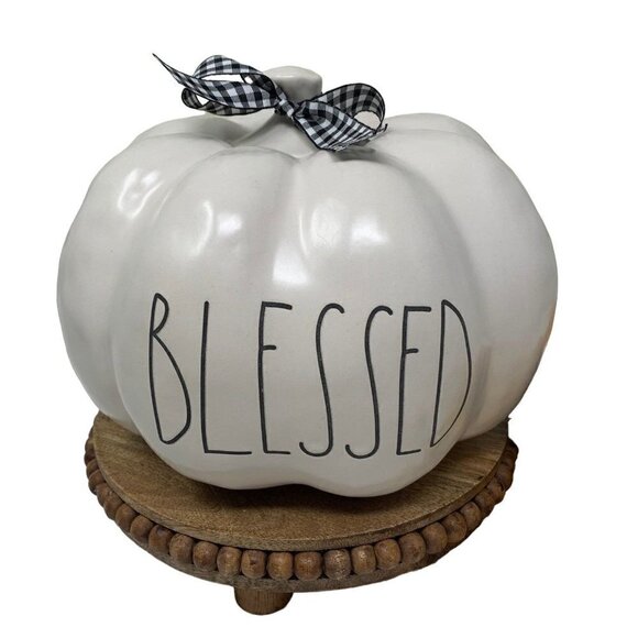 Rae Dunn Pumpkin BLESSED 8in Autumn Ceramic White Fall Holiday Decor LL Magenta - Picture 1 of 7